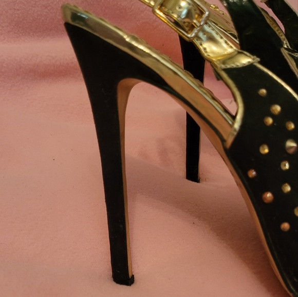 Ladies Alba Size 10 strappy black and gold studded stilettos heels - Picture 3 of 11